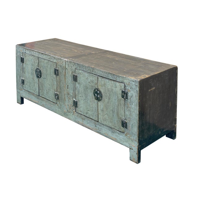 Distressed Light Teal Gray Low Doors Hardware Console Sideboard Cabinet For Sale In San Francisco - Image 6 of 12