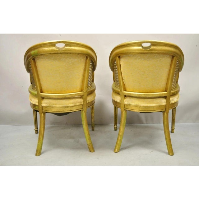 Vintage Italian Hollywood Regency Gold Gilt Barrel Back Cane Lounge Chairs, Pair For Sale - Image 12 of 12