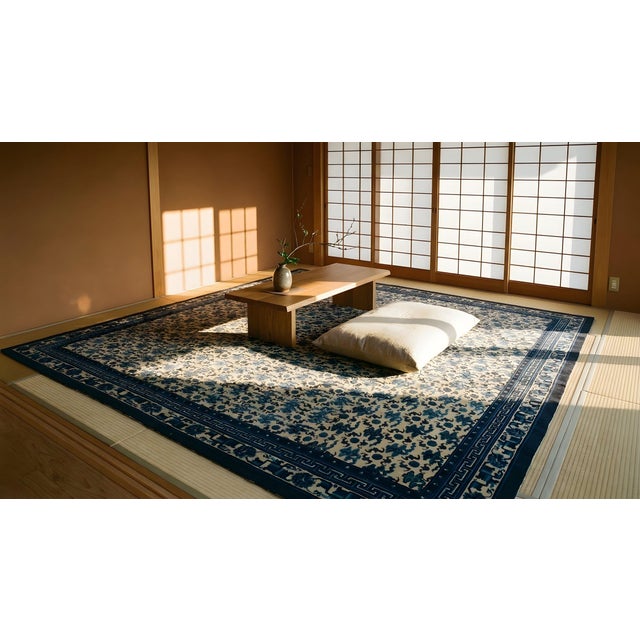 Textile Charming White Ivory and Blue Color With Great Chinoiserie Pattern Antique Chinese Peking Rug For Sale - Image 7 of 9