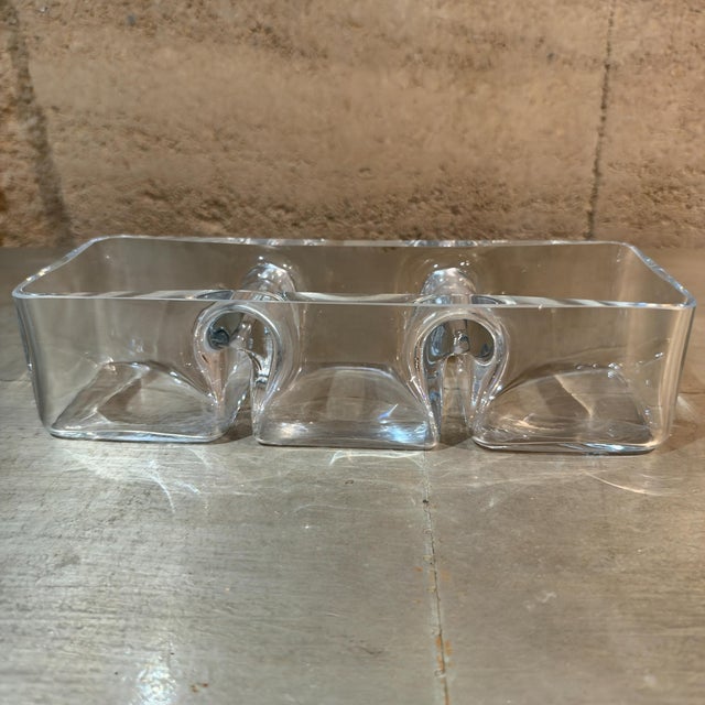 1980s Krosno Poland 3-Part Divided Clear Glass Relish Dish Heavy Hand-Blown Art Glass For Sale - Image 4 of 7