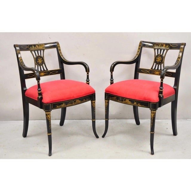 Chinoiserie Mid 20th Century Union National Chinoiserie English Regency Black Painted Dining Chair - Set of 6 For Sale - Image 3 of 13