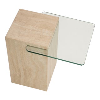 Post Modern Italian Travertine Cantilever Glass Side End Table 1980s For Sale