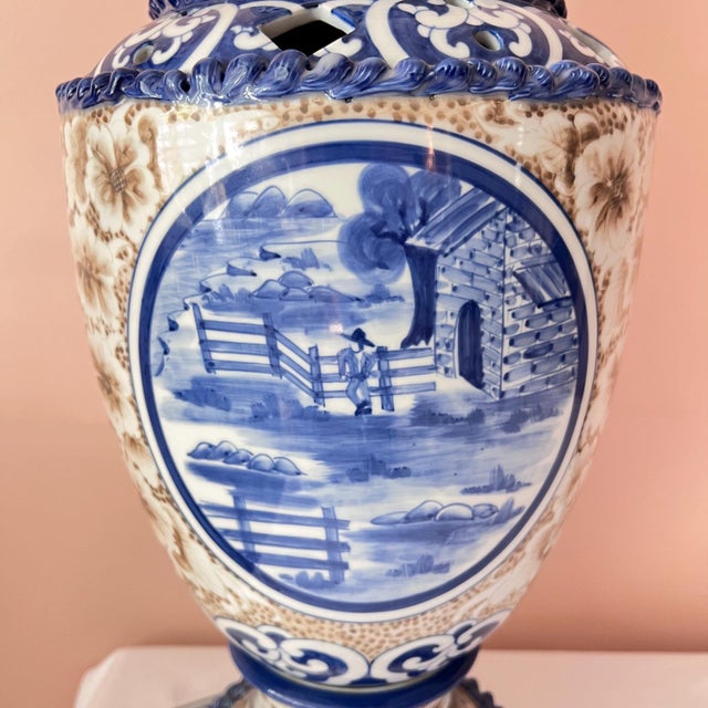 Chinoiserie 1980s Beautiful huge Maitland Smith blue and white scenic urn with lid and brass acorn finial // sepia flowers // hand-painted // Made in Thailand For Sale - Image 3 of 10