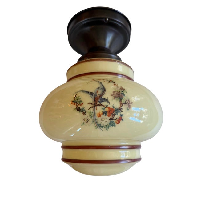 Art Deco 1930s Art Deco Ceiling Light Fixture With Painted Bird and Flower Motif For Sale - Image 3 of 10