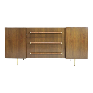 Mid 20th Century T.H. Robsjohn-Gibbings Rare Sideboard or Cabinet in Walnut, Rattan, and Brass