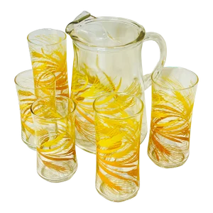 Vintage Libbey Golden Harvest Wheat Pitcher, Tall Ice Tea Tumblers Glasses - Set of 6