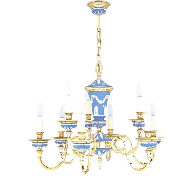 Hollywood Regency Blue Porcelain and Brass 9-Light Chandelier, Italy, 1970s For Sale
