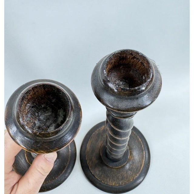 12.5” Antique English Oak Barley Twist Candlesticks With Brass Inserts - Pair For Sale - Image 11 of 14