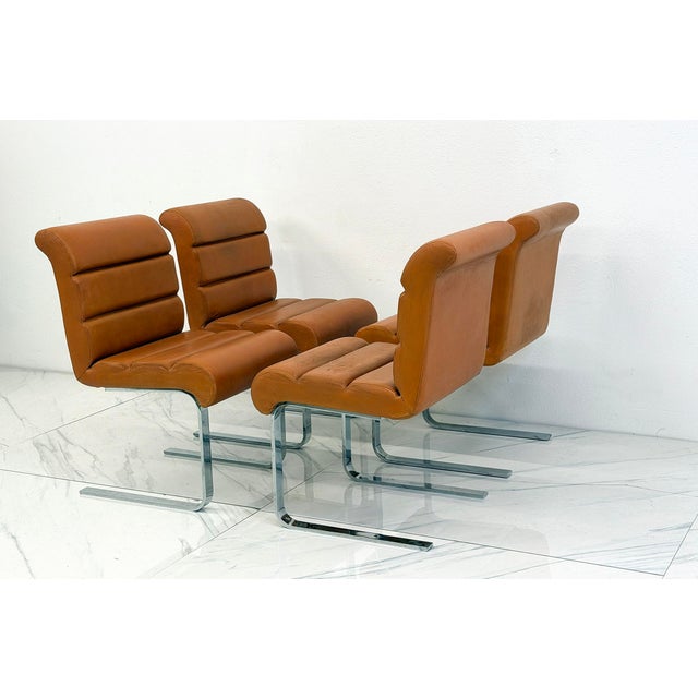 Mid-Century Modern Set of 4 Lugano Chairs in Cognac Leather, I4 Mariani for Pace Collection, 1970's For Sale - Image 3 of 13