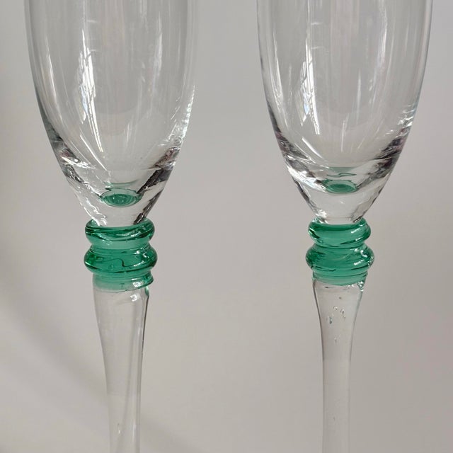 Vintage Champagne Flutes Clear Glass With Green Stem Detail, 9" - Set of 2 For Sale - Image 4 of 7
