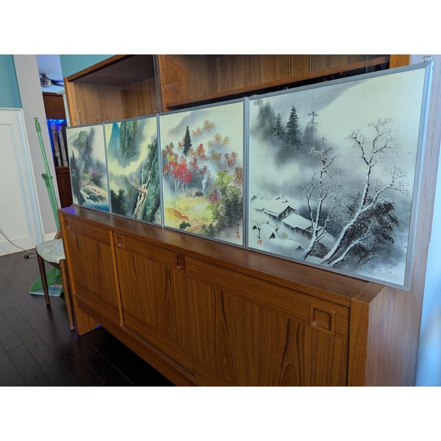 This striking set of four square Japanese landscape art panels captures the classic theme of Shiki-Sansui (Four Seasons...