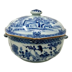 Antique Chinese Export Porcelain Blue White Chien Lung Soup Tureen Centerpiece