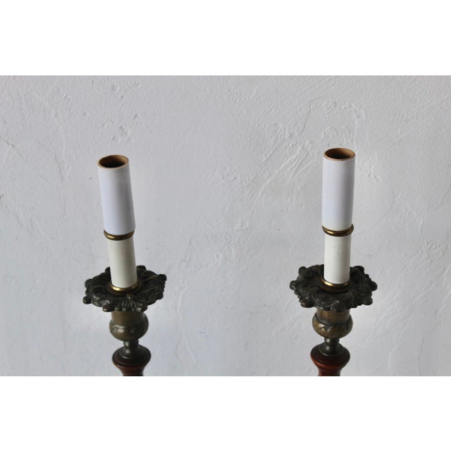 Late 20th Century Georgian Style Mahogany Brass Candlestick Table Lamps - a Pair For Sale - Image 10 of 18