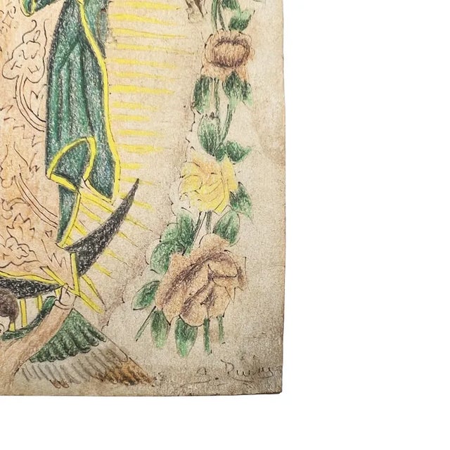 Mexican Virgin of Guadalupe Hand Colored Spanish Colonial Drawing - Signed Mexico For Sale - Image 3 of 10