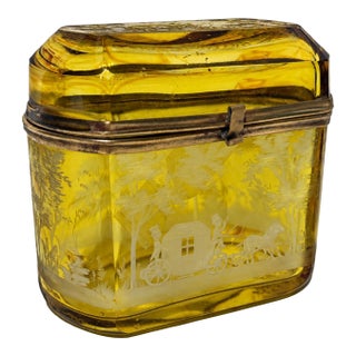Bohemian Amber Etched Glass Coach Scenic Jewelry Casket, Circa 1880 For Sale