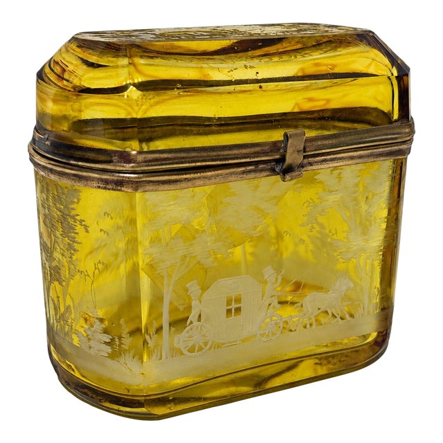 Bohemian Amber Etched Glass Coach Scenic Jewelry Casket, Circa 1880 For Sale