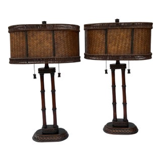 Vintage Faux Bamboo Rattan Table Lamps With Wicker Shades, a Pair For Sale