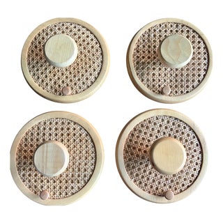 Coat Wall Hooks in Wood and Woven Cane, 1960s, Set of 2 For Sale