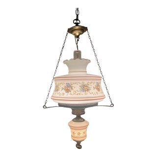 Vintage 3 Way GWTW Milk Glass Brown Floral Hurricane Lamp Hanging Swag Light Aatr: Quoizel For Sale
