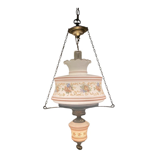 Vintage 3 Way GWTW Milk Glass Brown Floral Hurricane Lamp Hanging Swag Light Aatr: Quoizel For Sale