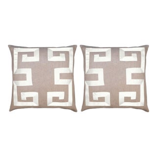 Pair of Empire Birch Taupe Linen Pillows With Ivory Ribbon 22" For Sale