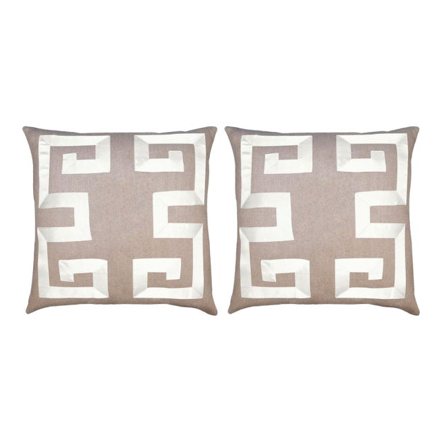Pair of Empire Birch Taupe Linen Pillows With Ivory Ribbon 22" For Sale