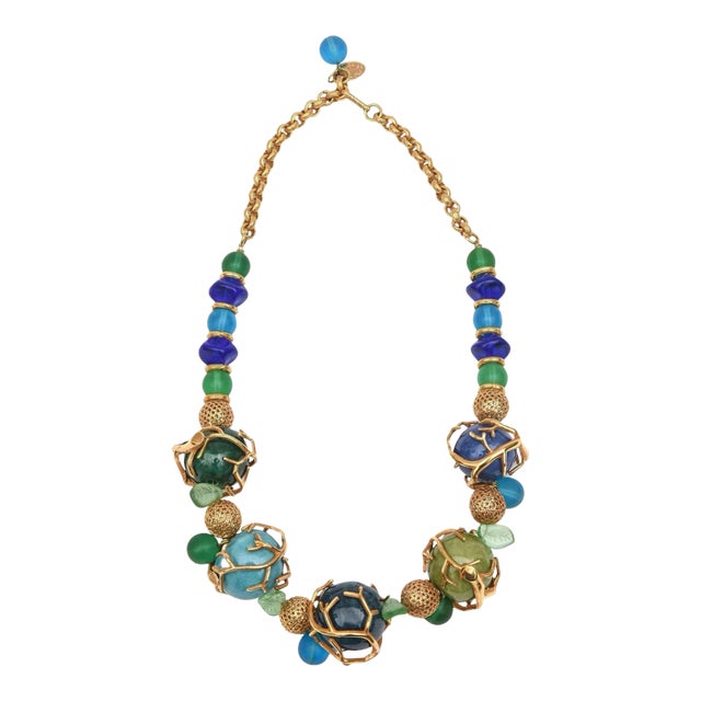Signed Philippe Ferrandis Glass, Resin and Gold Plated Beaded Necklace French 90's For Sale