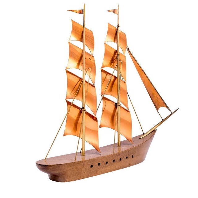 Mid-Century Modern Mid-Century Austrian Sailing Boat Sculpture in Wood & Copper, 1950s For Sale - Image 3 of 6