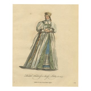 Jefferys, Bridal Habit of a Swiss Lady in 1577, Hand Colored Jefferys Costume Plate, 1757, Engraving For Sale