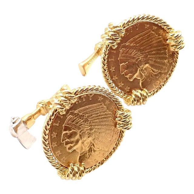 1990s Verdura Five Buck Yellow + White Gold Indian Head Coin Cufflinks - 2 Pieces For Sale