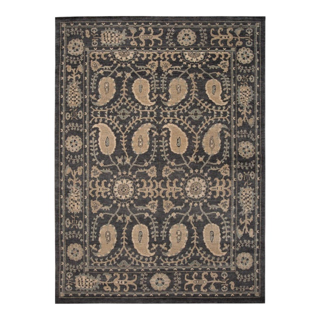 Handmade Indian Modern Oushak Style Wool Rug in Charcoal-Gray For Sale
