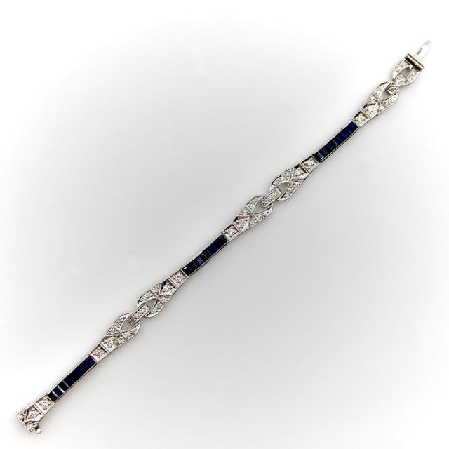 1990s 18k White Gold Diamond and Sapphire Art Deco Style Bracelet For Sale In Los Angeles - Image 6 of 10