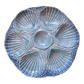 Vintage Portugal Majolica Blue Pottery Olfaire Oyster Platter For Sale