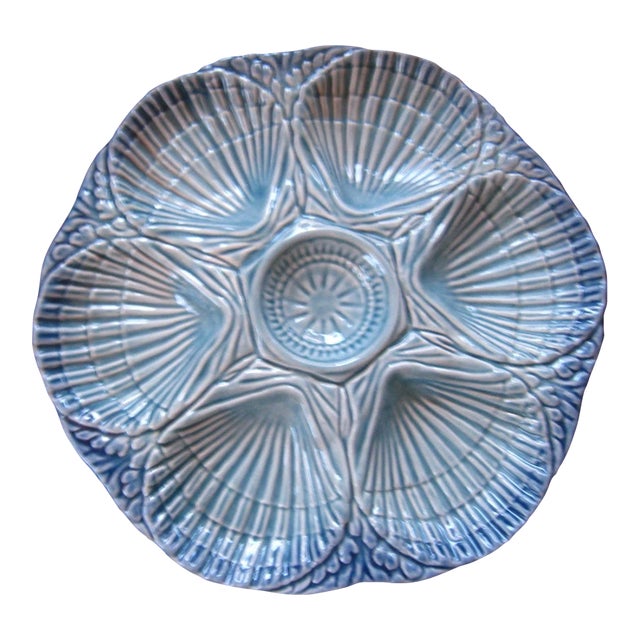 Vintage Portugal Majolica Blue Pottery Olfaire Oyster Platter For Sale