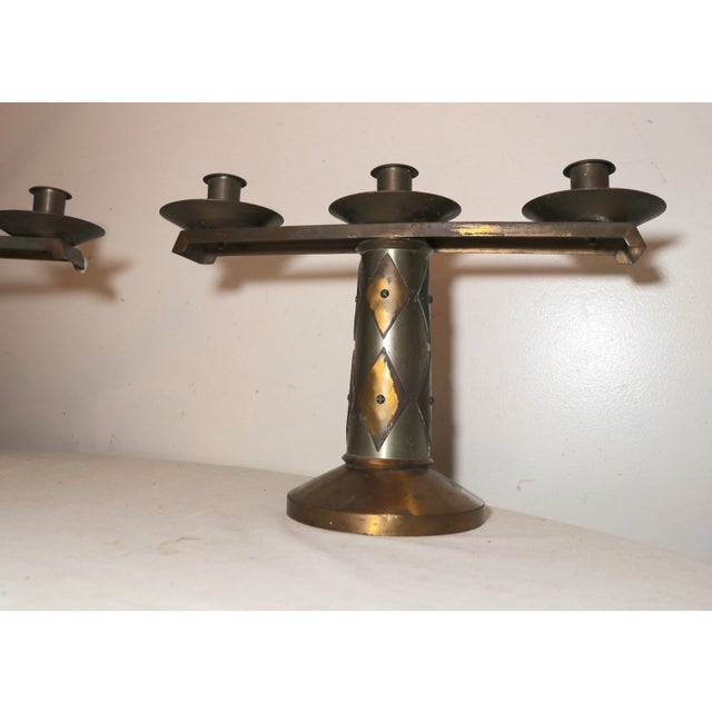 Share Pair of 2 Vintage Bronze Arts & Crafts Altar Candlesticks Church Candle Holders For Sale - Image 4 of 11