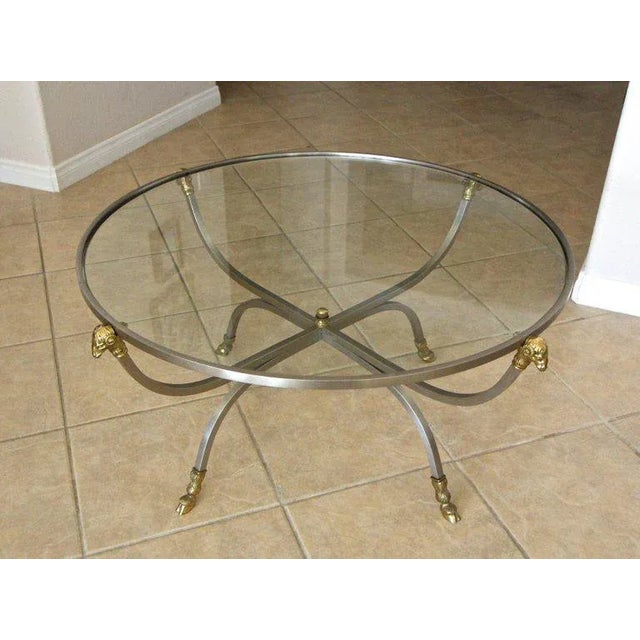 1960s 1960's Vintage Jansen Style Italian Brass Steel Round Coffee Table For Sale - Image 5 of 13