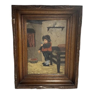 Antique Folk Art Oil Painting: Young German Boy with Spoon For Sale