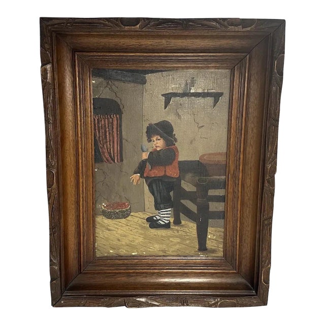 Antique Folk Art Oil Painting: Young German Boy with Spoon For Sale
