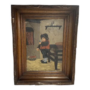 Antique Folk Art Oil Painting: Young German Boy with Spoon
