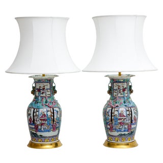 Antique Chinese Table Lamps with Porcelain Base, Set of 2 For Sale