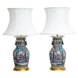 Antique Chinese Table Lamps with Porcelain Base, Set of 2
