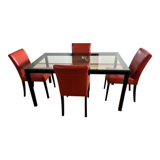 Mid Century Modern Crate & Barrel Parsons Steel & Glass Dining Table With Set of Four Lowe Leather Group Side Chairs For Sale
