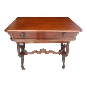 19th Century Victorian Rococo Style Carved Mahogany Rolling Sewing Table