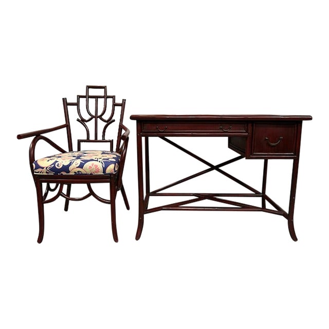 Late 20th Century Vintage Rattan Writing Desk and Chair for Worrells - Set of 2 For Sale