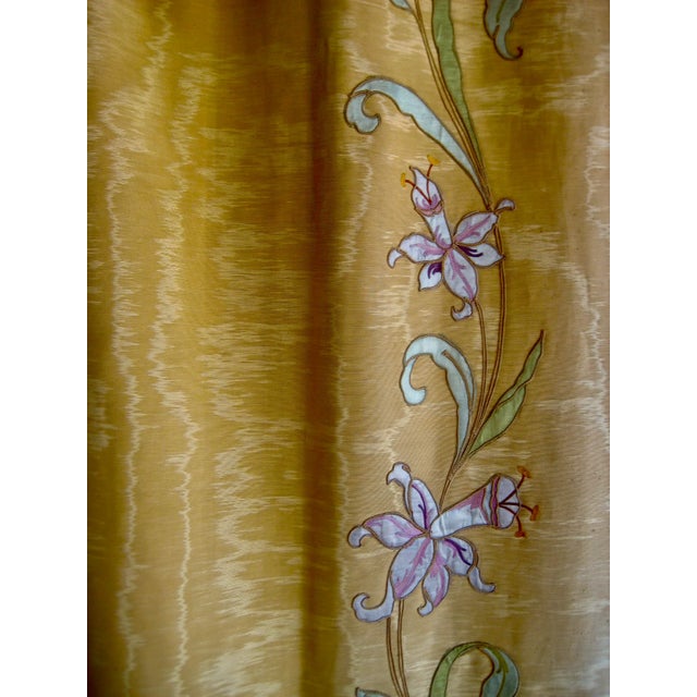 Art Nouveau French Art Nouveau Yellow Moire Silk and Flowers Castle Curtains Drapes - A Pair For Sale - Image 3 of 12