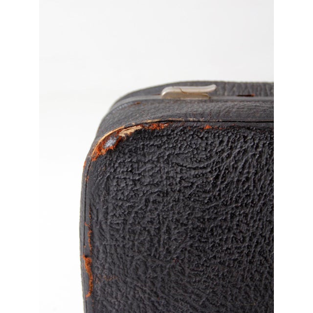 Vintage 1930s Belber Black Leather Suitcase With Green Interior For Sale - Image 4 of 18