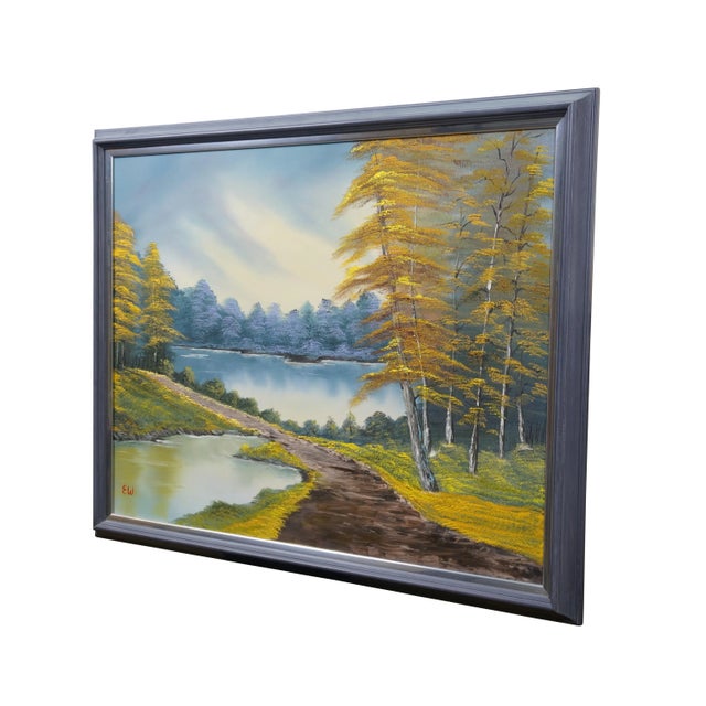 Late 20th century oil on canvas landscape titled "Bright Autumn Trees," after a tutorial by Bob Ross on his show "The Joy...