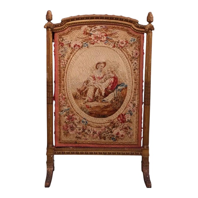 Antique French Louis XVI Style Gilt Wood & Pictorial Needlepoint Fire Screen, 19th Century For Sale