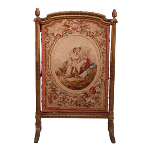 Antique French Louis XVI Style Gilt Wood & Pictorial Needlepoint Fire Screen, 19th Century