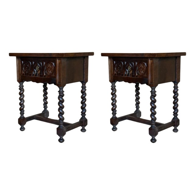 Mid 19th Century Pair of Dark Carved Spanish Nightstands with Drawer For Sale